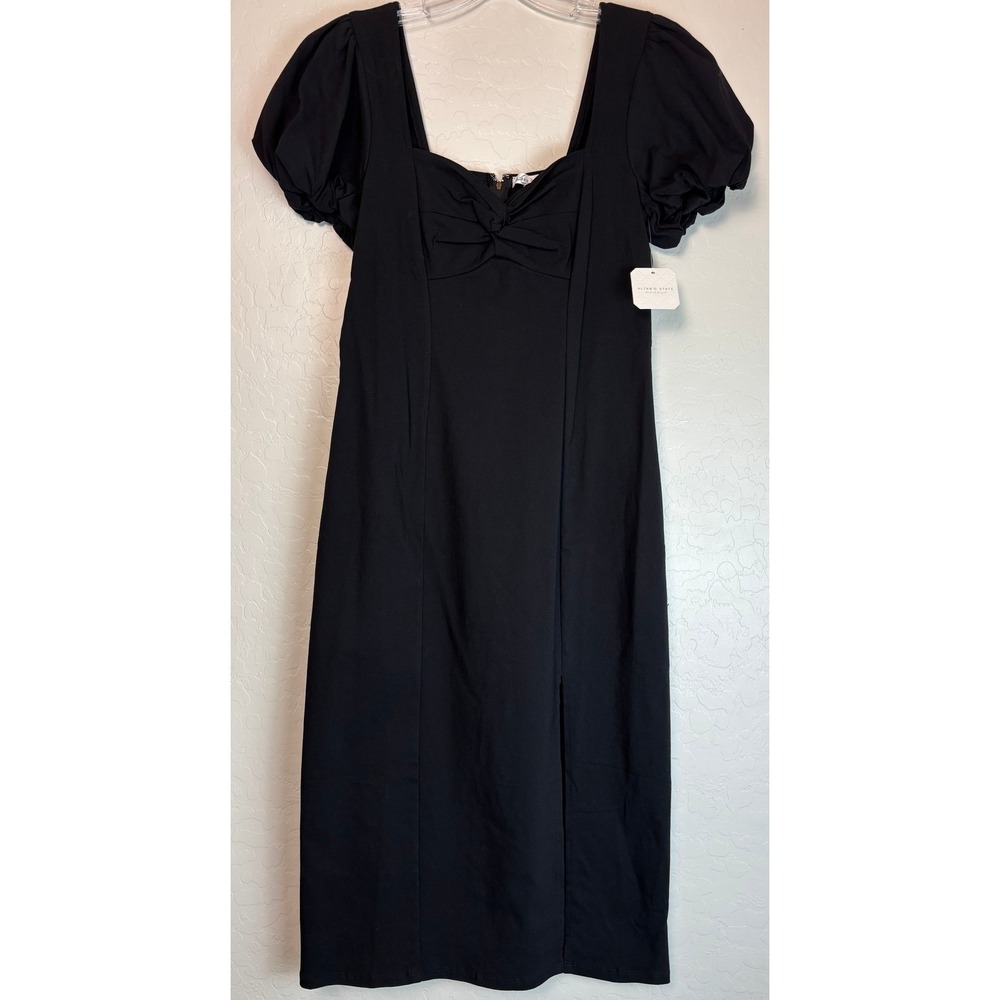 NEW Altar'd State Valery Bow Black Puff Sleeve Midi Dress Slit Womens L 2252